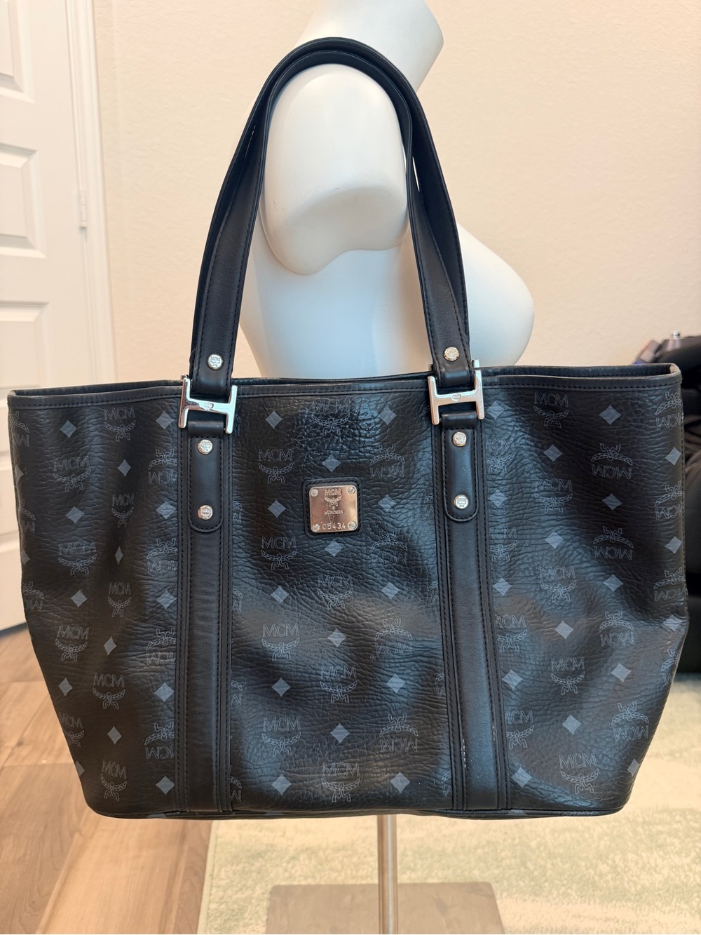 MCM Black Logo Coated Canvas Tote with Silver Hardware